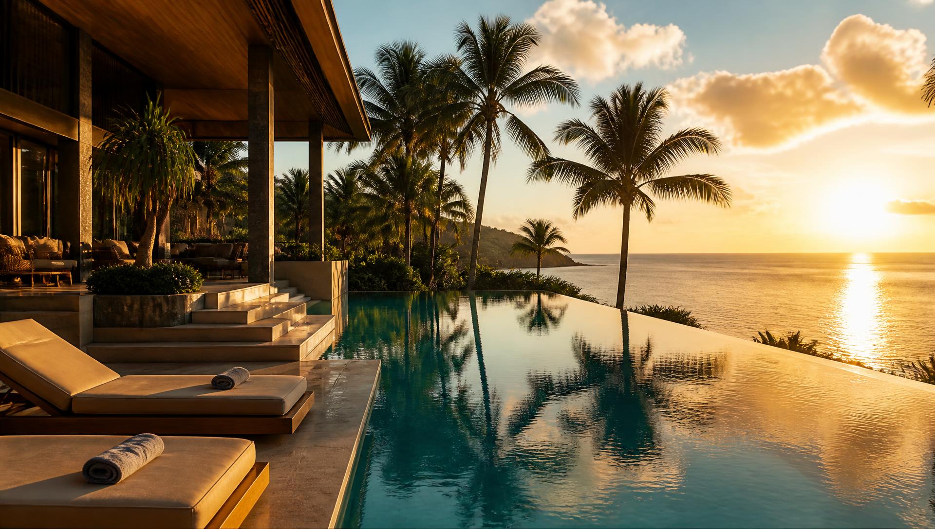 Sunset view over an ocean-front resort pool
